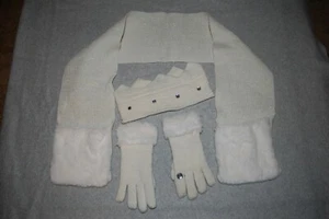 Girls IVORY 3 PC WINTER SET Crown Headband FLEECE LINED GLOVES Scarf, Faux Fur - Picture 1 of 1