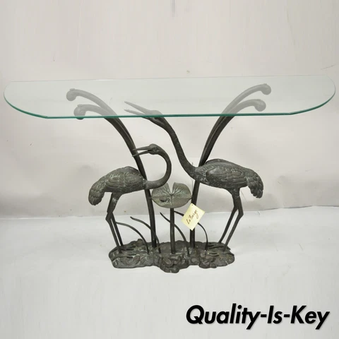 Labarge Bronze Crane Bird Lily Pad Glass Top Console Sofa Hall Table Cover