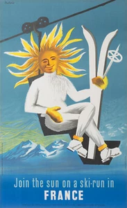 Affiche originale ski, Dubois, ski en France, montagne, sports d'hiver, soleil, 1950 - Photo 1/4