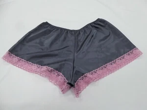 14/16 Charcoal Grey polyester Satin French Knickers with Pale Pink Lace - Picture 1 of 3