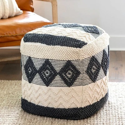 Cotton Pouf Ottoman  Geometric Black White Bohemian Cottage Decor - Image 1 of 4