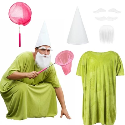 Costume Mago Gnomo per Halloween Gnomi Mantello Verde Cappello Feltro Bianco Parrucca Orso... - Immagine 1 di 4