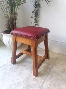 Mid Century Solid Oak Stool with Red Vinyl seat - Picture 1 of 9