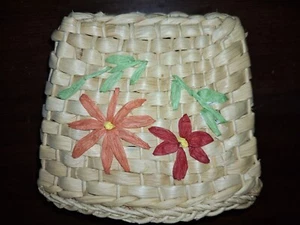 Woven Little Girls Straw Red & Orange Flowere Basket With Handles - Picture 1 of 8