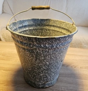 Emaille Eimer grau mit weißen Sprenkel 10 Liter Henkel mit Holzgriff Vintage alt - Bild 1 von 12