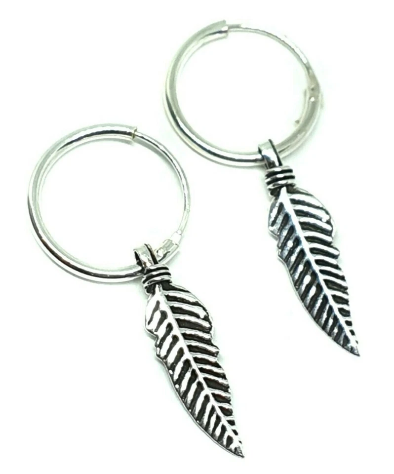 Pendiente aro pluma plata esterlina 925 fino para hombre nuevo estilo Huggie x 2 Foto 1 de 4