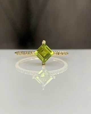 14k gold Finish Silver Natural Peridot Diamonds Half Eternity Women Dainty Ring - Image 1 of 2