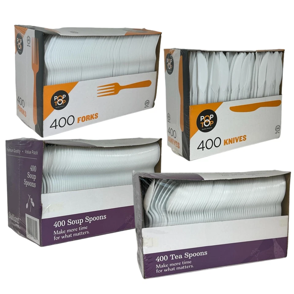Tenedores de plástico blanco desechables cucharas cuchillos peso medio 400 piezas paquetes de cubiertos Foto 1 de 1