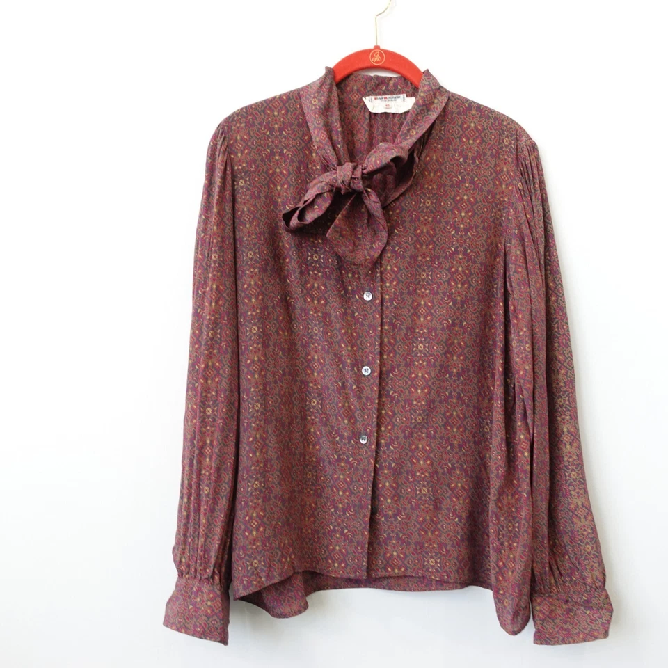 Saint Laurent Rive Gauche Top 40 Silk Puff Blouse Bow Tie Button Small VINTAGE - Image 1 of 4