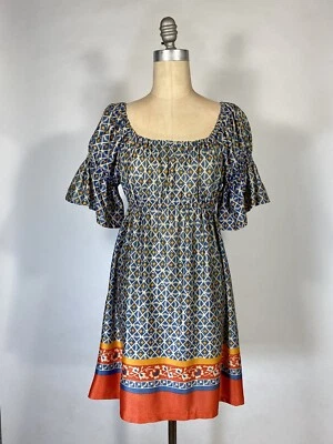 Vintage 1970's GEO pattern print babydoll dress w/empire waist & REGENCY flair M - Image 1 of 4