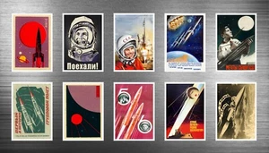 10 Soviet Russian Space Mini Posters Fridge Magnets GAGARIN, SPUTNIK, AURORA - Picture 1 of 1