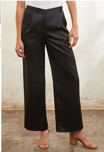 Women's Feminine Black Satin Wide Leg Trouser Pants w Pockets Size L - Picture 1 of 2