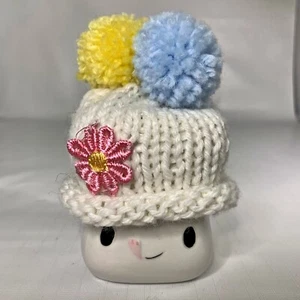 White PomPom Marshmallow Mug Hat Knit Rae Dunn Tier Tray Decor Floral Topper - Picture 1 of 6