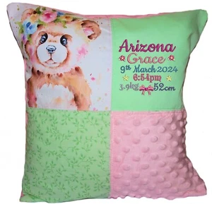 Custom Birth Announcement Cushion Cover | Sensory Pillow | Personalised Bear - Picture 1 of 24