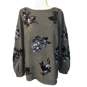 Maglione pullover donna Chico’s floreale paillettes grigio taglia 1 US Medium - Foto 1 di 8