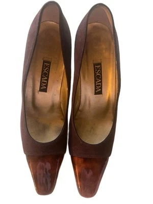 ESCADA Shoes Brown Suede 7 37 Pumps Heels Vintage Leopard Patent Leopard Leather - Image 1 of 4