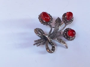 Gorgeous Vintage Silver Vintage Real Garnet & Marcasite Flower Brooch.. - Picture 1 of 13