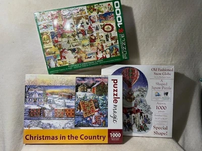 Lot of 3 Christmas Puzzles 1000pc Vintage Cards, Country, Snow Globe New Sealed - Image 1 of 4