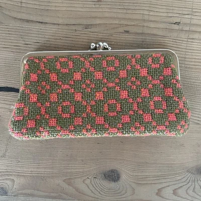 Vintage Wool Tapestry Orange Green Double Sided Small Clasp Lock Wallet Clutch - Image 1 of 4