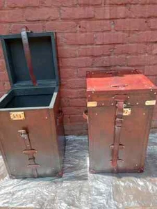 Pair of Stylish Leather & Wood Trunks Rustic Decor Storage Chest Christmas Gift - Picture 1 of 8