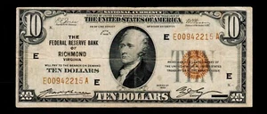 $10 1929 Federal Reserve Bank Of Richmond Virginia Free Shipping (H3) - Picture 1 of 2