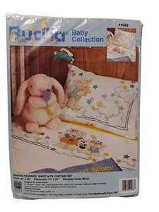 Bucilla Heavenly Bunnies Stamped Cross Stitch Kit Sheet & Pillowcase Set 41088 - Picture 1 of 4