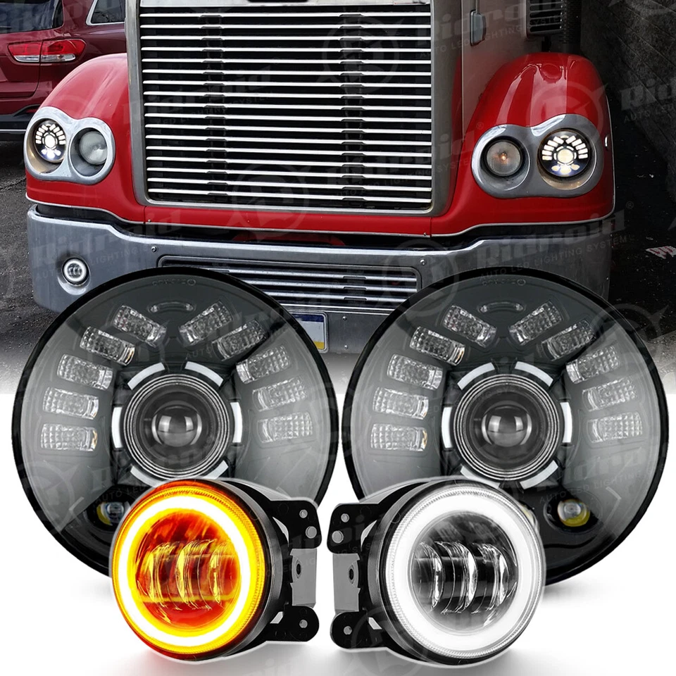 Halo 7" LED Headlights + 4" Fog Lights Combo for Freightliner Coronado 2001-2016 - Image 1 of 4