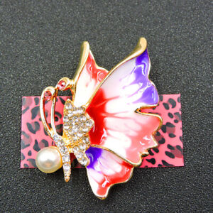 New Betsey Johnson Red Enamel Cute Pearl Butterfly Crystal Charm Brooch Pin Gift