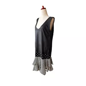 Vestido De Colección Años 80 Does '20 100% Seda Cintura Caída Aleta Negro Blanco Geométrico L/XL - Imagen 1 de 6