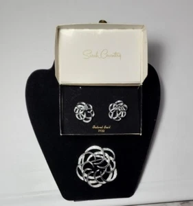 New Vtg Sarah Coventry Tailored Swirl Set Silvertone Earrings Brooch w/ Box - Picture 1 of 1
