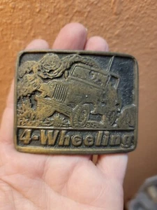 Vintage 1970s Brass 4 Wheeling Jeep Belt Buckle 3" Wide - Picture 1 of 3