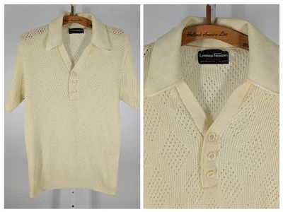 Vintage 1970s Italian Knit Disco Collar Polo Geometric Shirt Large Mod Yellow - Image 1 of 4