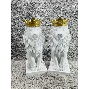 Majestic White Lion King With Golden Crown Resin Statue 14 In Set Of 2 Home - Picture 1 of 10
