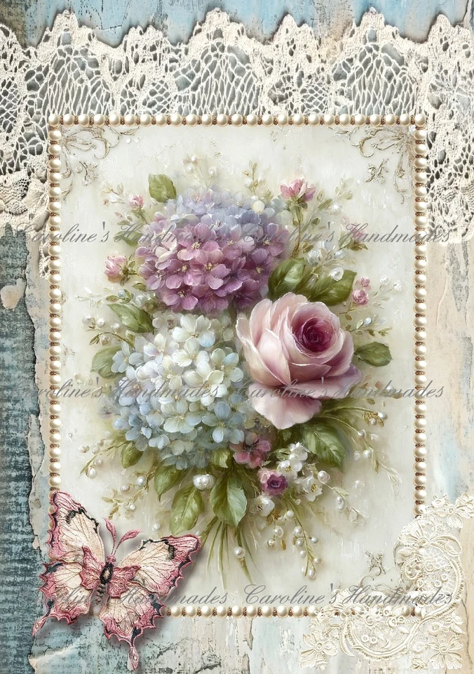 Shabby Chic Hydrangea Rose Butterfly Lace Cotton Fabric Quilt Block Multi-size - Image 1 of 1