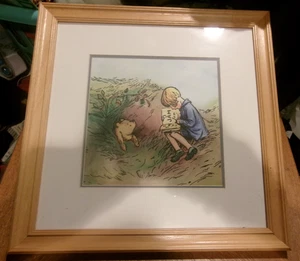 Large Disney CLASSIC WINNIE THE POOH Framed Art Picture Reading Excellent - Picture 1 of 4