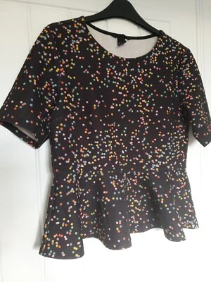 H&M Ladies Multicolour Polka Dot Spotted Peplum Top *EUC*stretch*sleeves*smart - Image 1 of 4