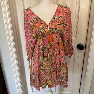 Olivaceous Ruffle Mini Babydoll Deep V Neck Dress Pink Floral Size Small - Image 1 of 4