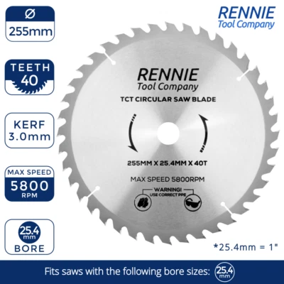 RENNIE TOOL COMPANY TCT Kreisförmige Holzklinge 255 mm x 40T passt Evolution Rage Sägen 25,4 mm Bohrung