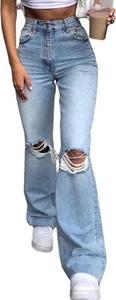 Women's High Waist Distressed Ripped Keyhole Wide Leg Jeans Flare Denim Pants - Picture 1 of 18