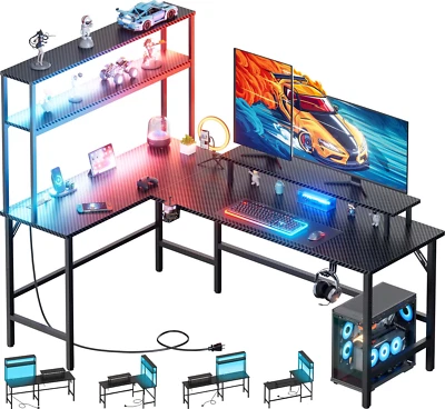 L Shaped Gaming Desk with LED Light & Power Outlet, Reversible Computer Table - Image 1 of 4