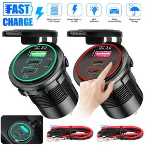 USB C Car Charger Outlet Socket 18W QC3.0 & Dual 20W PD  Port for 12/24V Boat RV - Picture 1 of 9