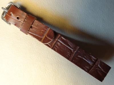 THIN One Piece Brown Croc Grain Faux Leather 12mm Watch Band Silver Tone Buckle - Image 1 of 4