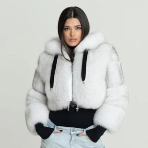 Winter Womens Real Natural Blue Fox Fur Short Coat Hooded NEW Fashion Zip Jacket - Picture 1 of 4