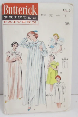 VINTAGE 1950's Butterick #6315 Nightgown Shortie Hospital Gown - Sz 14 - UNCUT - Image 1 of 2