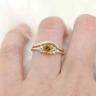 Juego de anillos de boda vintage de plata 925 enchapados en oro 14K citrino natural corte redondo Foto 1 de 4