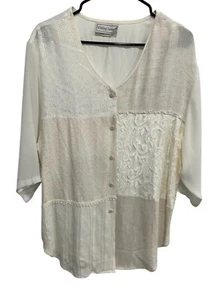 Vintage Fitting Image Patchwork Button Front Blouse Lace Sheer Details Neutral - Picture 1 of 10