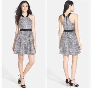NWT Trina Turk Dress 0 Zola White Black Fit Flare High Neck Pleat Preppy Party - Picture 1 of 14