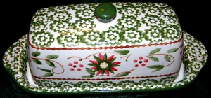 Lovely Green Poinsettia Christmas Temptations Old World Butter Dish & Lid - Picture 1 of 2