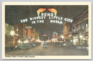White Border Postcard The First Reno Arch Virginia Street Night Scene - Picture 1 of 2