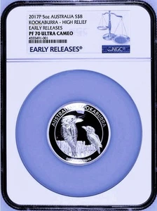 2017 P Australia HIGH RELIEF 5oz Silver Kookaburra $8 Coin NGC PF70 UC ER + OGP - Picture 1 of 6
